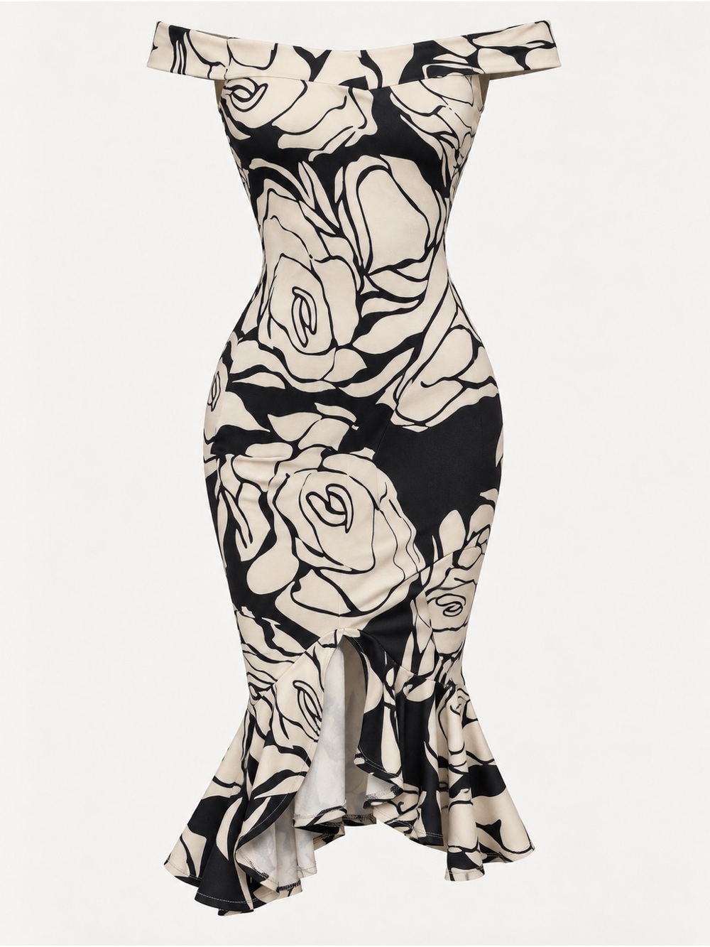 chic Black and Cream One-Shoulder Floral Sheath Dress